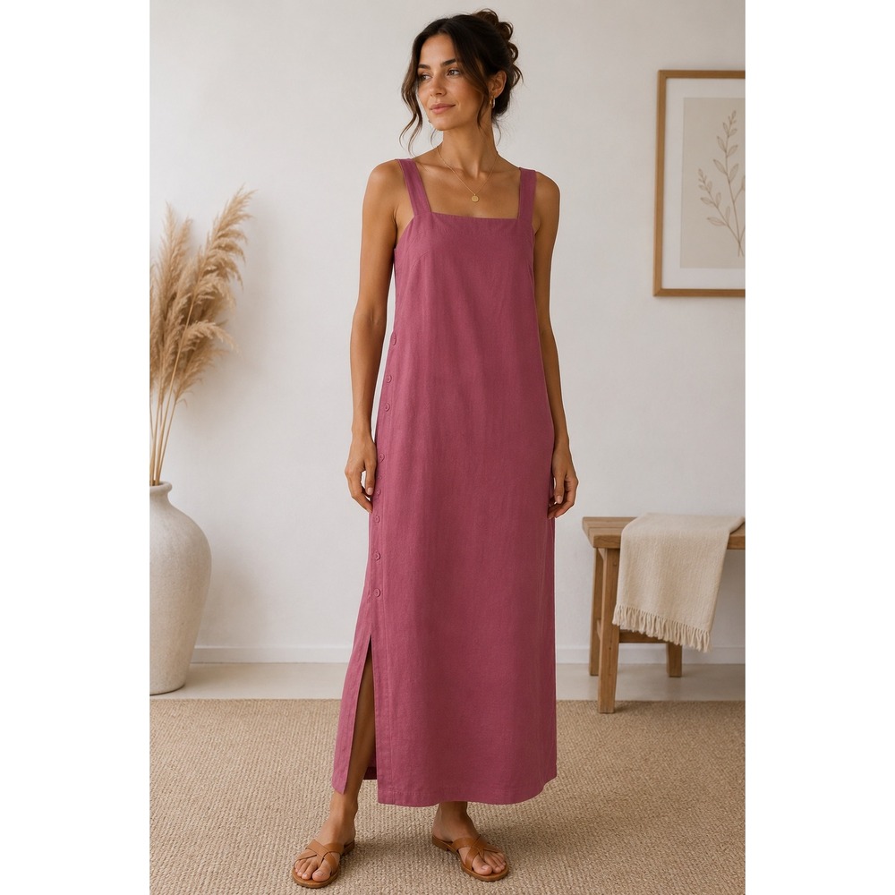 La Redoute Linen Blend Side Button Midi Dress Mauve Pink Size 12 Coastal Modern
